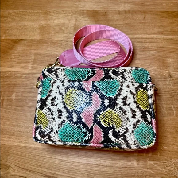 Clare V pastel Snakeskin Marisol crossbody Bag with pink strap - Picture 1 of 11